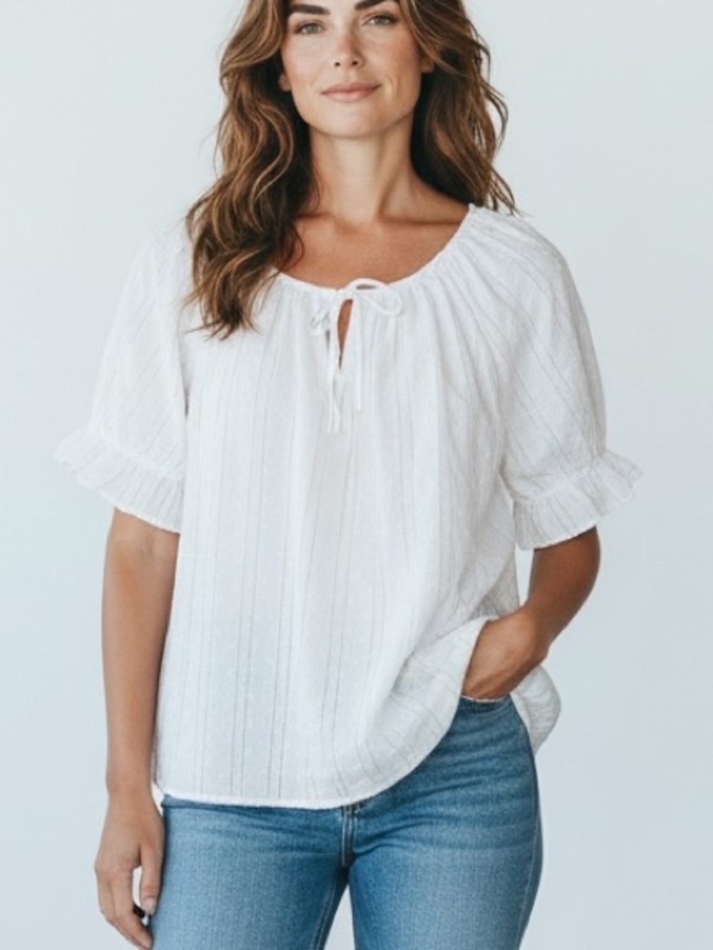 LAND N SEA | Women’s Cotton Swiss Dot Eyelet Keyhole Tie Top Blouse L Breathable